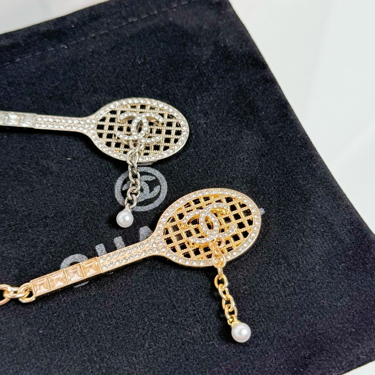 Chanel CC Tennis Racket Bag Charm Keychain pendant Gold-tone metal with clear crystals and white faux pearl Silver-tone metal with clear crystals and white faux pearl 10cm total length