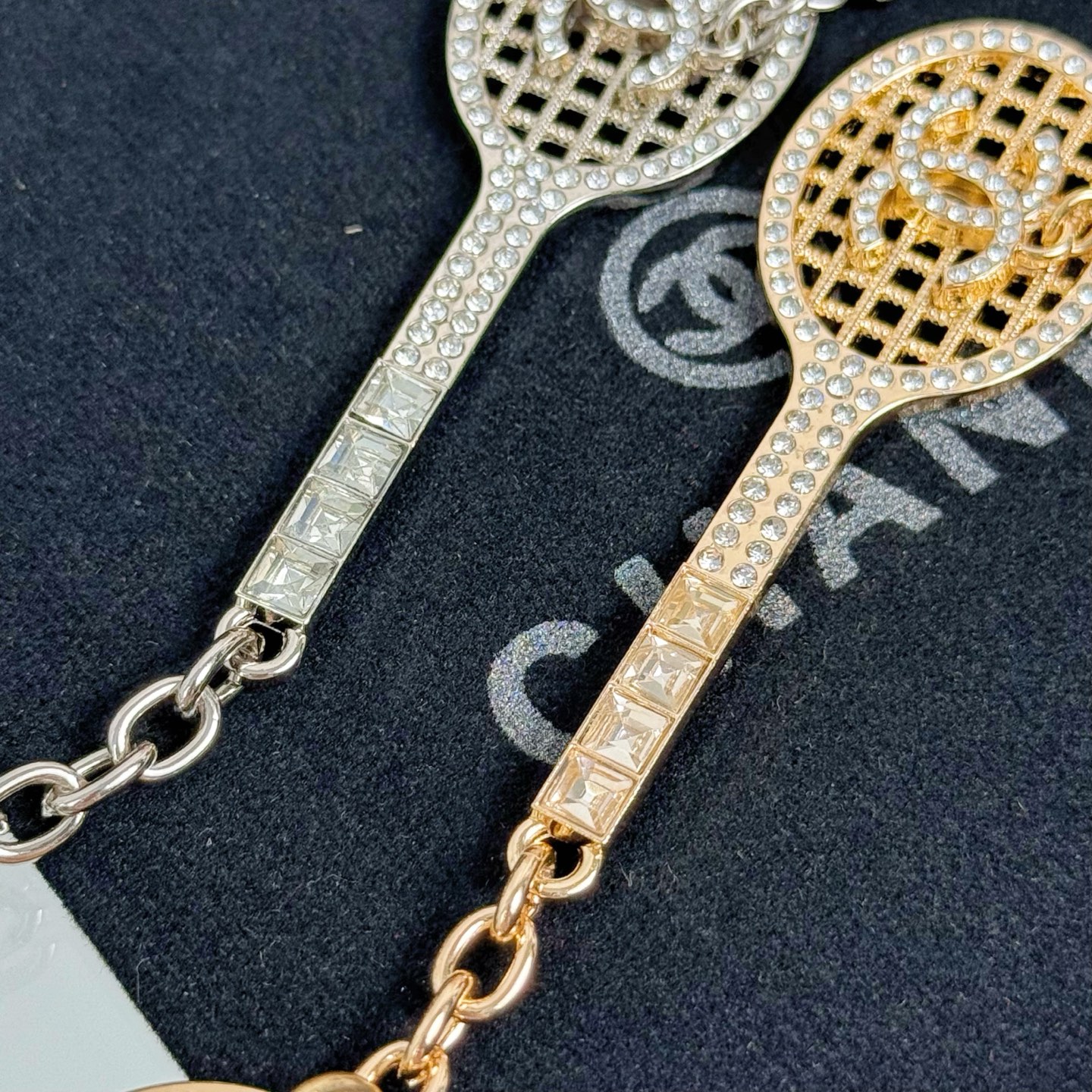 Chanel CC Tennis Racket Bag Charm Keychain pendant Gold-tone metal with clear crystals and white faux pearl Silver-tone metal with clear crystals and white faux pearl 10cm total length