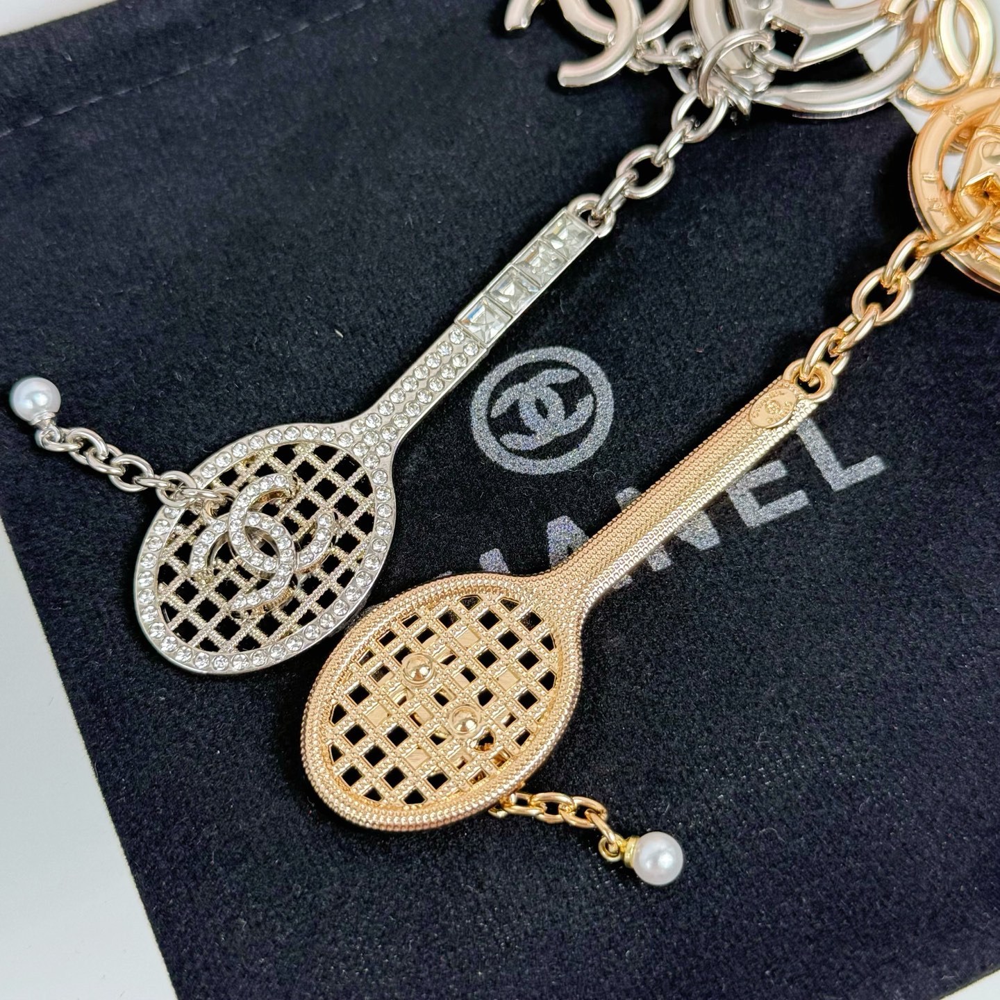 Chanel CC Tennis Racket Bag Charm Keychain pendant Gold-tone metal with clear crystals and white faux pearl Silver-tone metal with clear crystals and white faux pearl 10cm total length