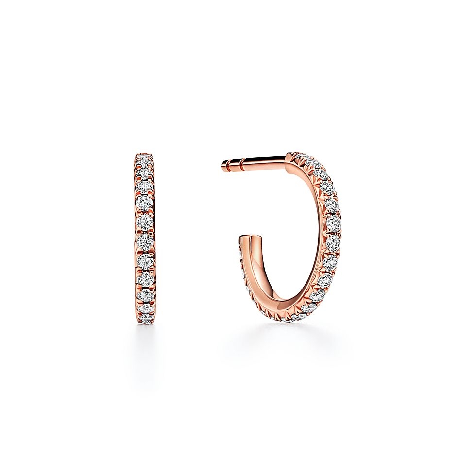 Tiffany T1 earrings 18k rose gold with pave set clear diamonds 15mm hoop diameter