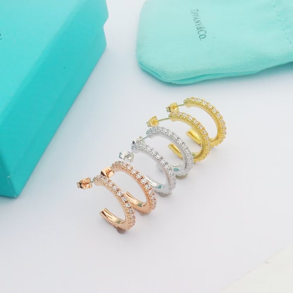 Tiffany T1 earrings 18k rose gold with pave set clear diamonds 15mm hoop diameter