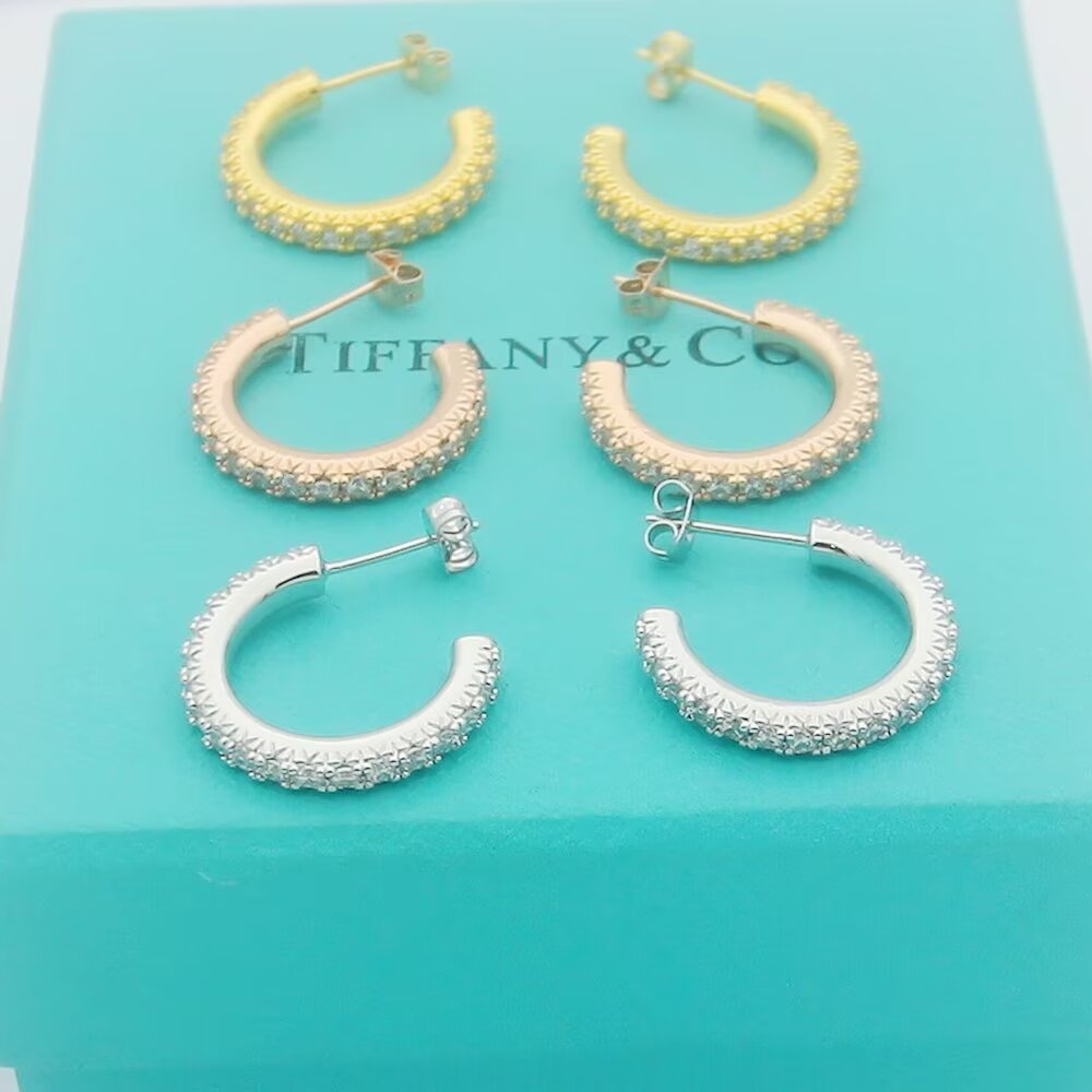 Tiffany T1 earrings 18k rose gold with pave set clear diamonds 15mm hoop diameter