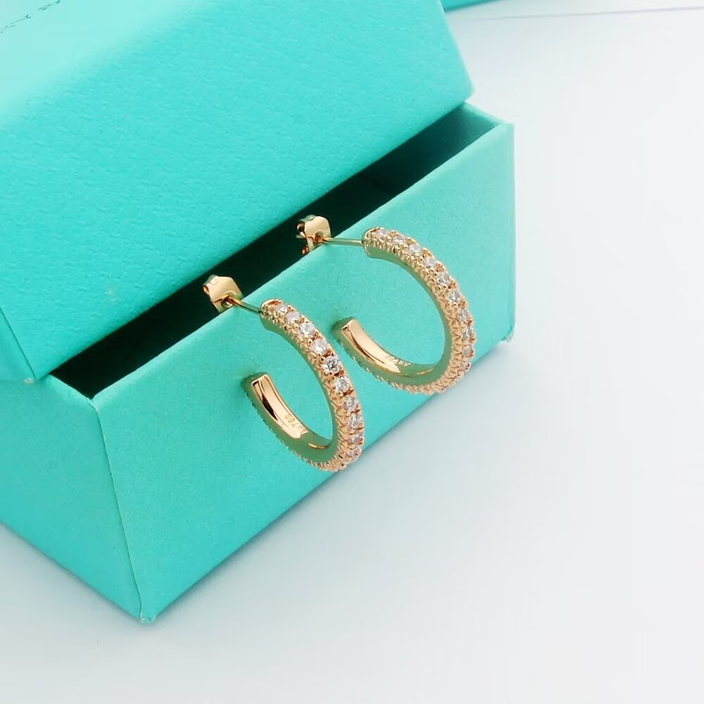 Tiffany T1 earrings 18k rose gold with pave set clear diamonds 15mm hoop diameter