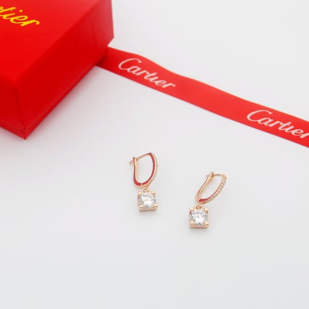 Cartier C de Cartier Diamond Drop Earrings earrings Yellow gold with clear round-cut diamond simulants red enamel accent available variants in rose gold and white gold with clear stones 15mm drop length