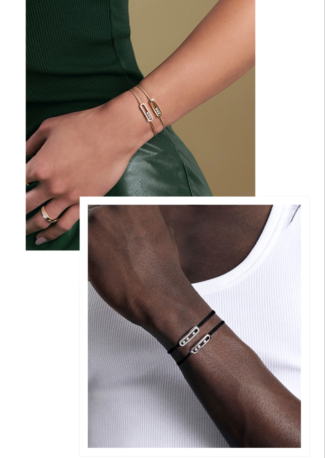 Messika Move Uno bracelet available variants 18K white gold with khaki green cord 18K white gold with black cord 18K rose gold with off-white cord 18K yellow gold with beige cord all set with clear round brilliant diamonds adjustable sliding knot cord fits 15-20cm wrist