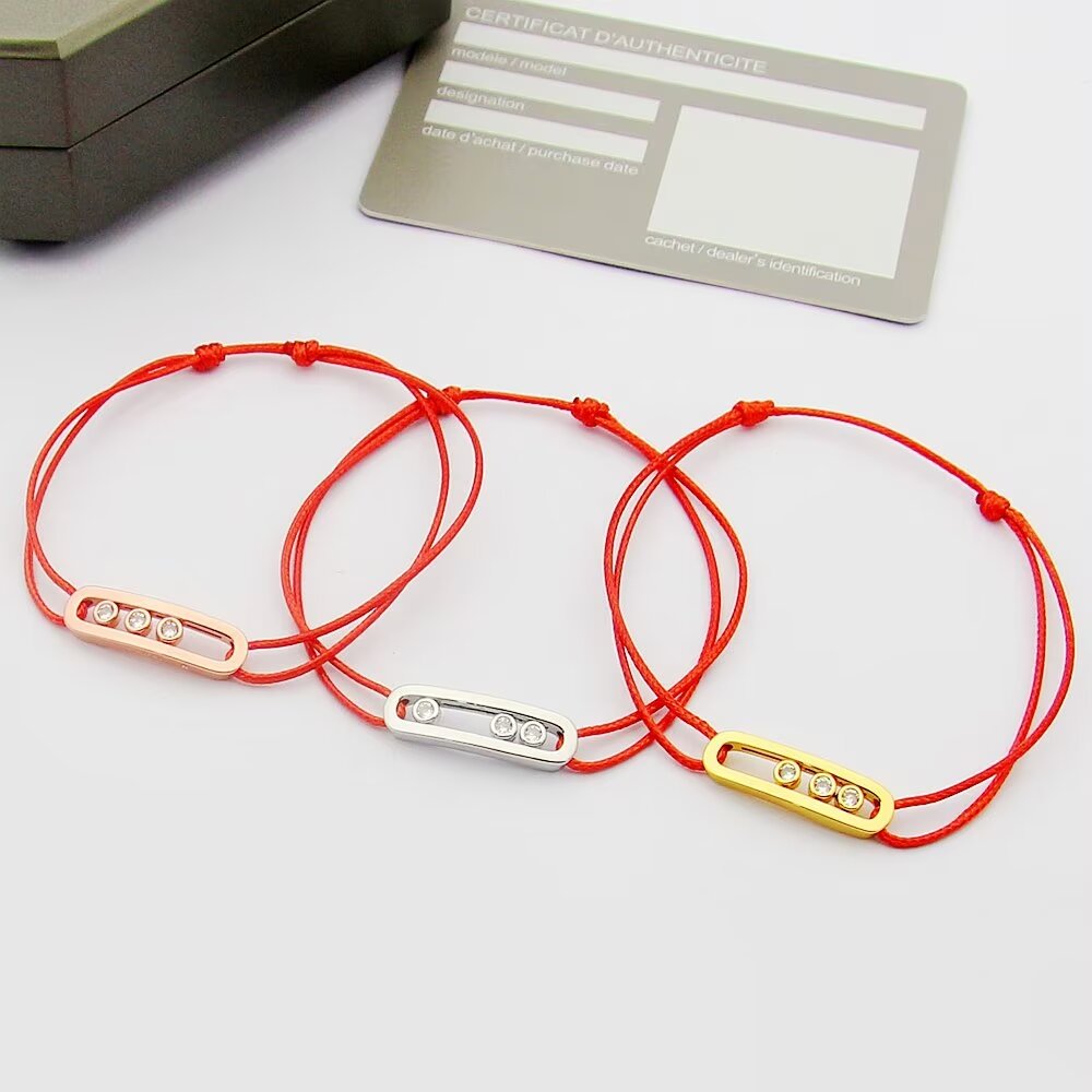 Messika Move Uno bracelet available variants 18K white gold with khaki green cord 18K white gold with black cord 18K rose gold with off-white cord 18K yellow gold with beige cord all set with clear round brilliant diamonds adjustable sliding knot cord fits 15-20cm wrist