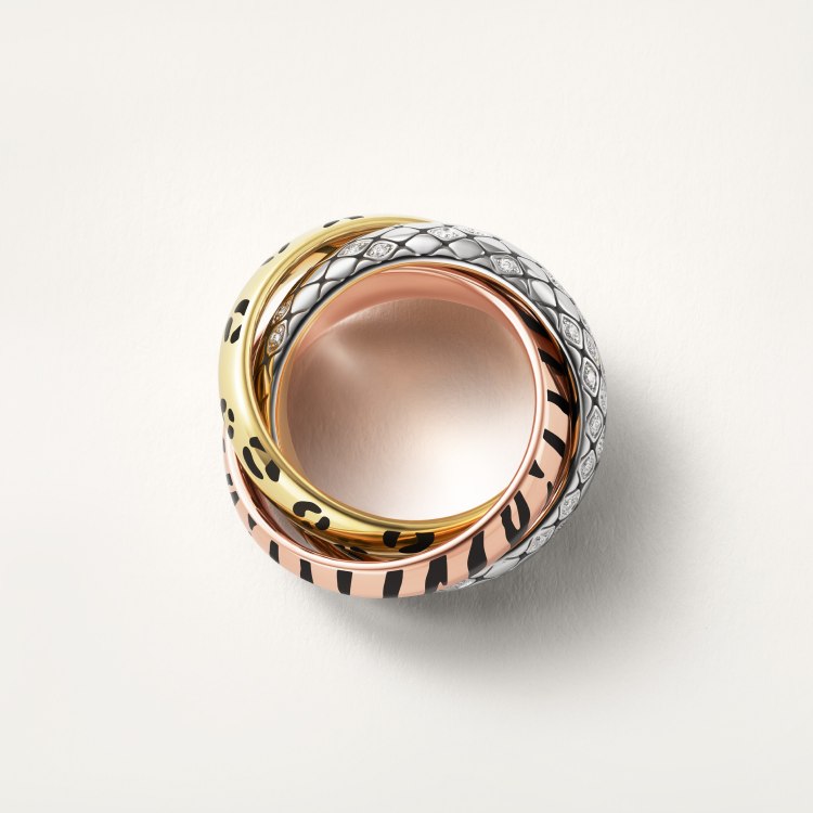 Cartier TRINITY ring 18k yellow gold with black leopard print lacquer 18k rose gold with black tiger stripe lacquer 18k white gold with diamond-set snake scale pattern 7
