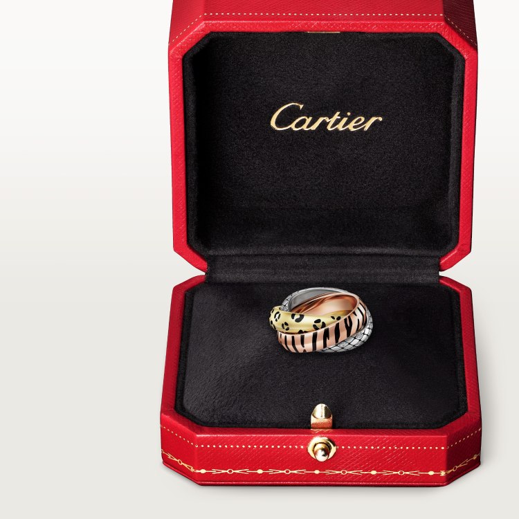 Cartier TRINITY ring 18k yellow gold with black leopard print lacquer 18k rose gold with black tiger stripe lacquer 18k white gold with diamond-set snake scale pattern 7