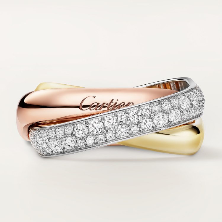 Cartier Trinity ring 18k yellow gold 18k rose gold 18k white gold pave set clear diamonds 6