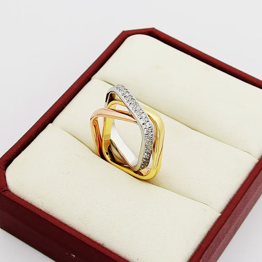 Cartier Trinity ring 18k yellow gold 18k rose gold 18k white gold pave set clear diamonds 6