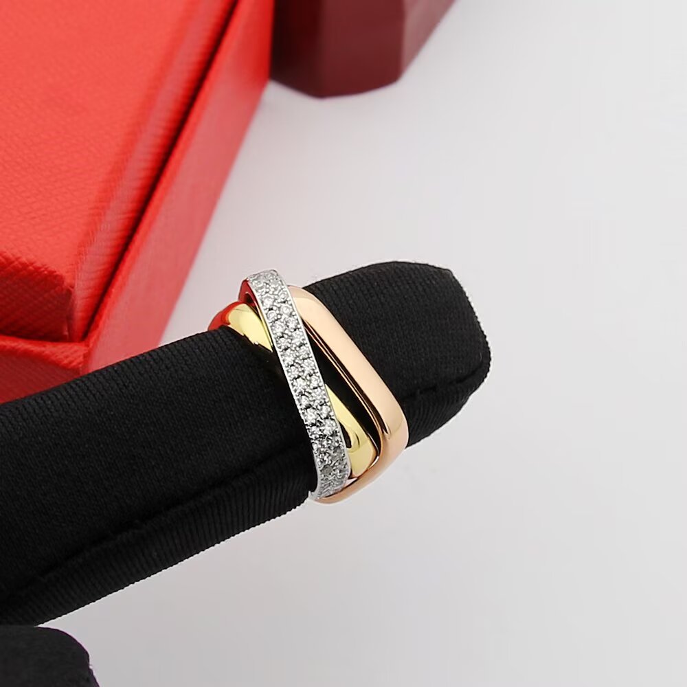 Cartier Trinity ring 18k yellow gold 18k rose gold 18k white gold pave set clear diamonds 6