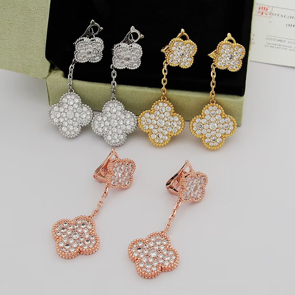 Van Cleef Arpels Magic Alhambra earrings 18k rose gold 18k yellow gold 18k white gold with clear pave diamonds 3cm drop length