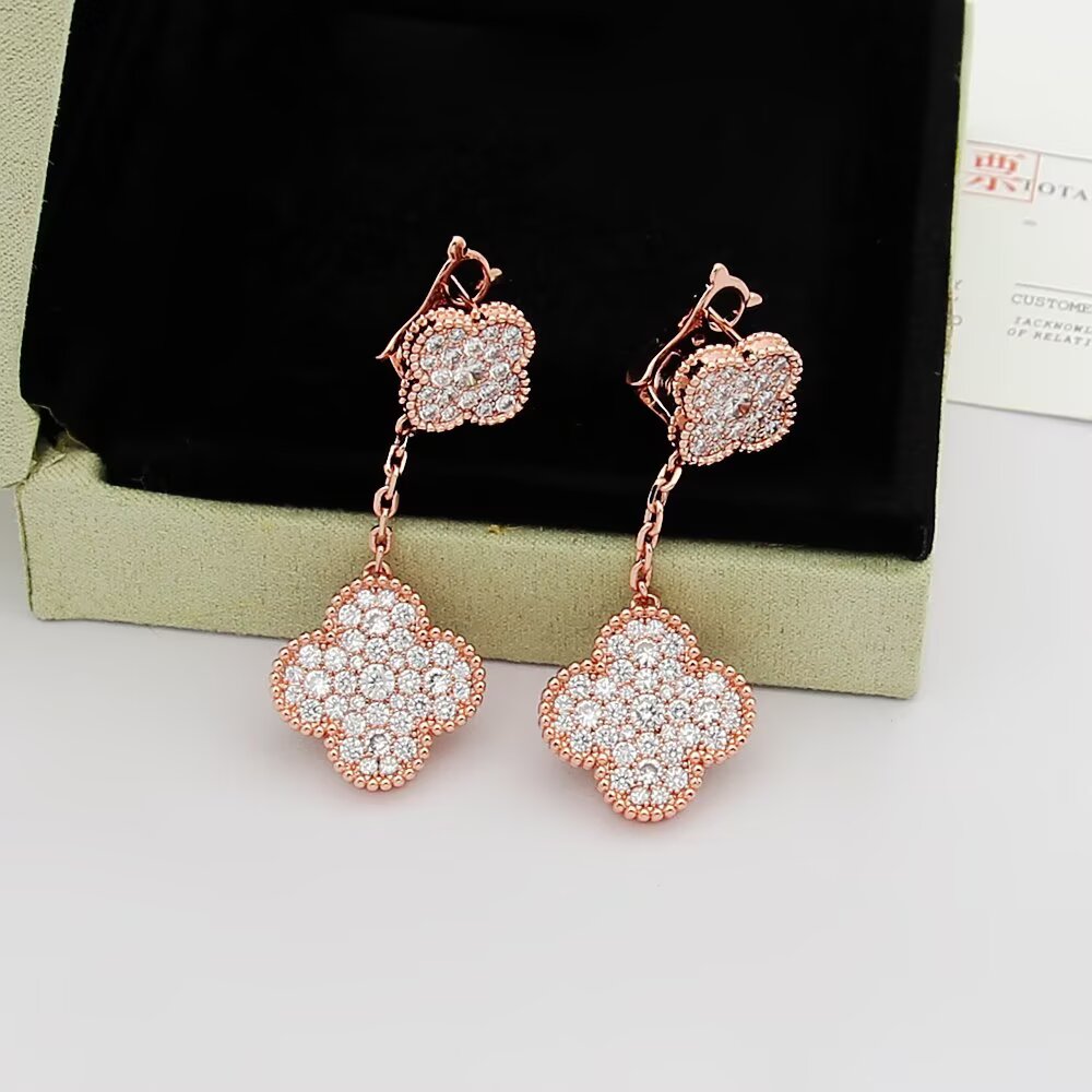 Van Cleef Arpels Magic Alhambra earrings 18k rose gold 18k yellow gold 18k white gold with clear pave diamonds 3cm drop length