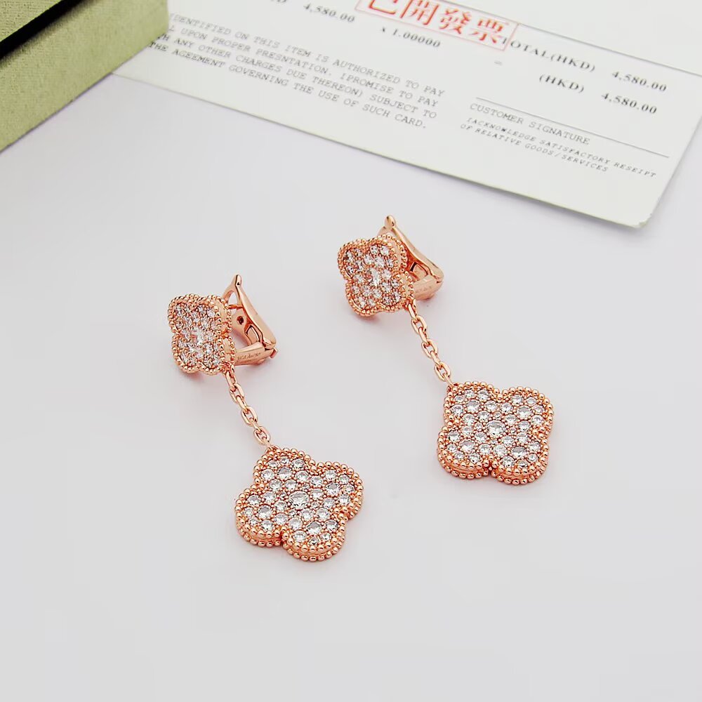 Van Cleef Arpels Magic Alhambra earrings 18k rose gold 18k yellow gold 18k white gold with clear pave diamonds 3cm drop length