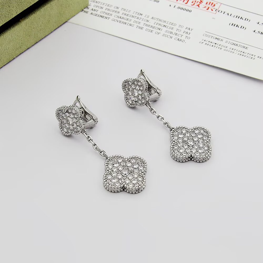 Van Cleef Arpels Magic Alhambra earrings 18k rose gold 18k yellow gold 18k white gold with clear pave diamonds 3cm drop length