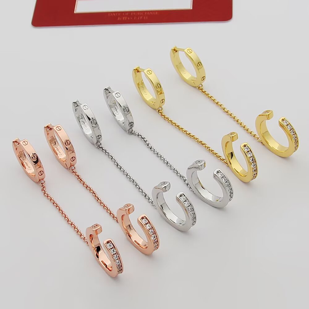 Cartier Love earrings Yellow gold with clear round-cut diamonds 12mm hoop diameter 30mm chain length