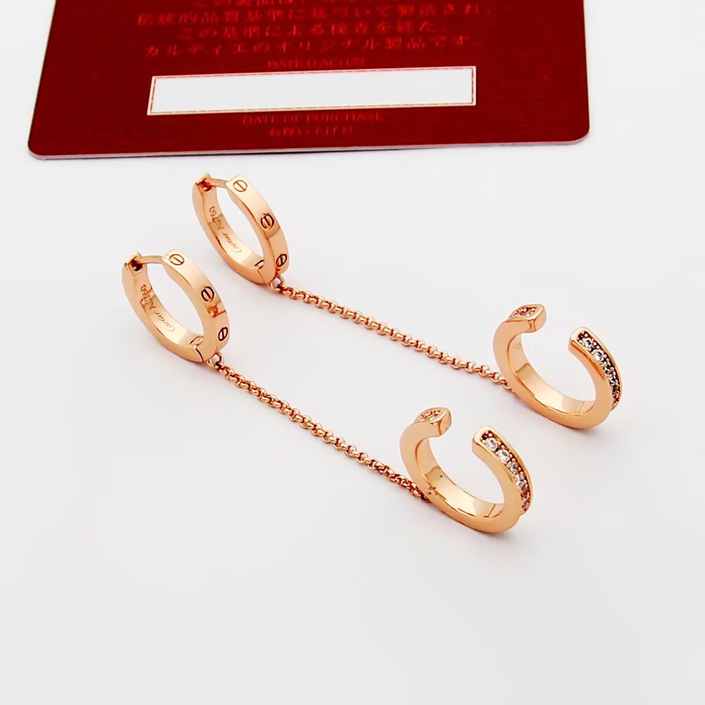 Cartier Love earrings Yellow gold with clear round-cut diamonds 12mm hoop diameter 30mm chain length