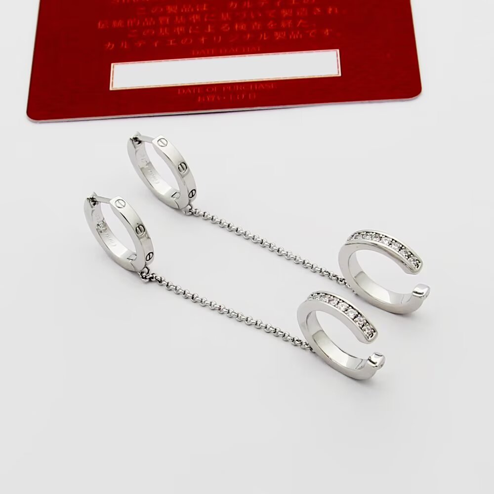 Cartier Love earrings Yellow gold with clear round-cut diamonds 12mm hoop diameter 30mm chain length