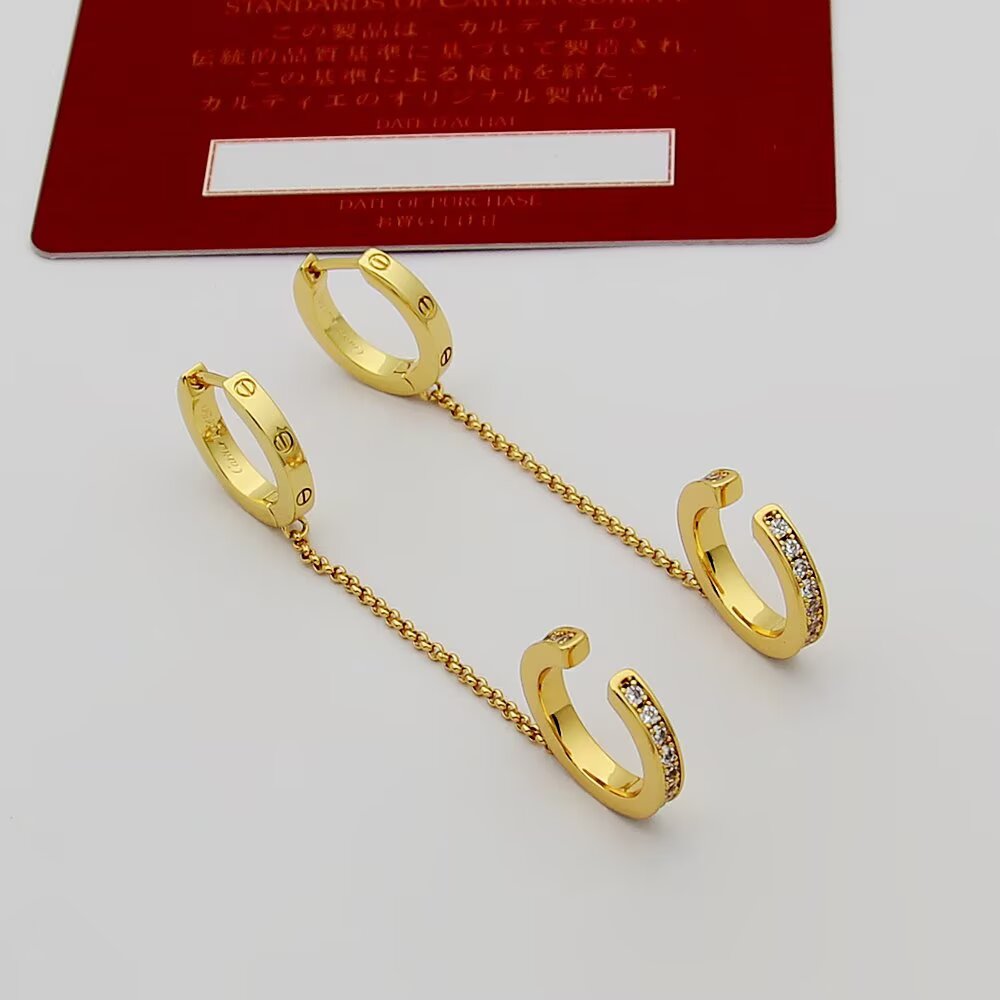 Cartier Love earrings Yellow gold with clear round-cut diamonds 12mm hoop diameter 30mm chain length