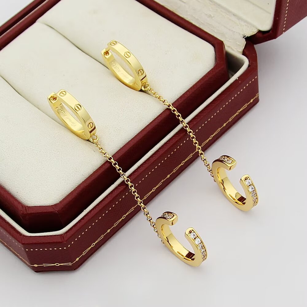 Cartier Love earrings Yellow gold with clear round-cut diamonds 12mm hoop diameter 30mm chain length