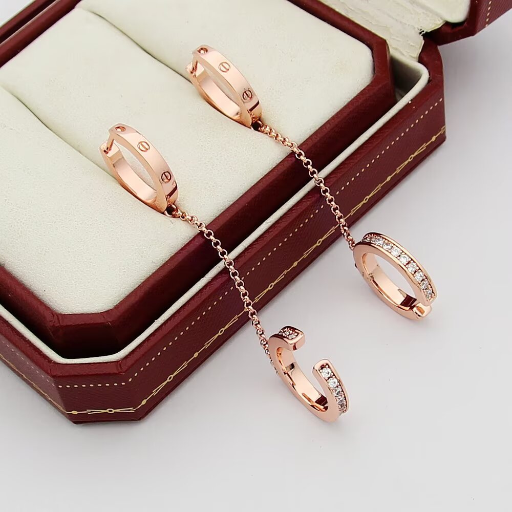 Cartier Love earrings Yellow gold with clear round-cut diamonds 12mm hoop diameter 30mm chain length