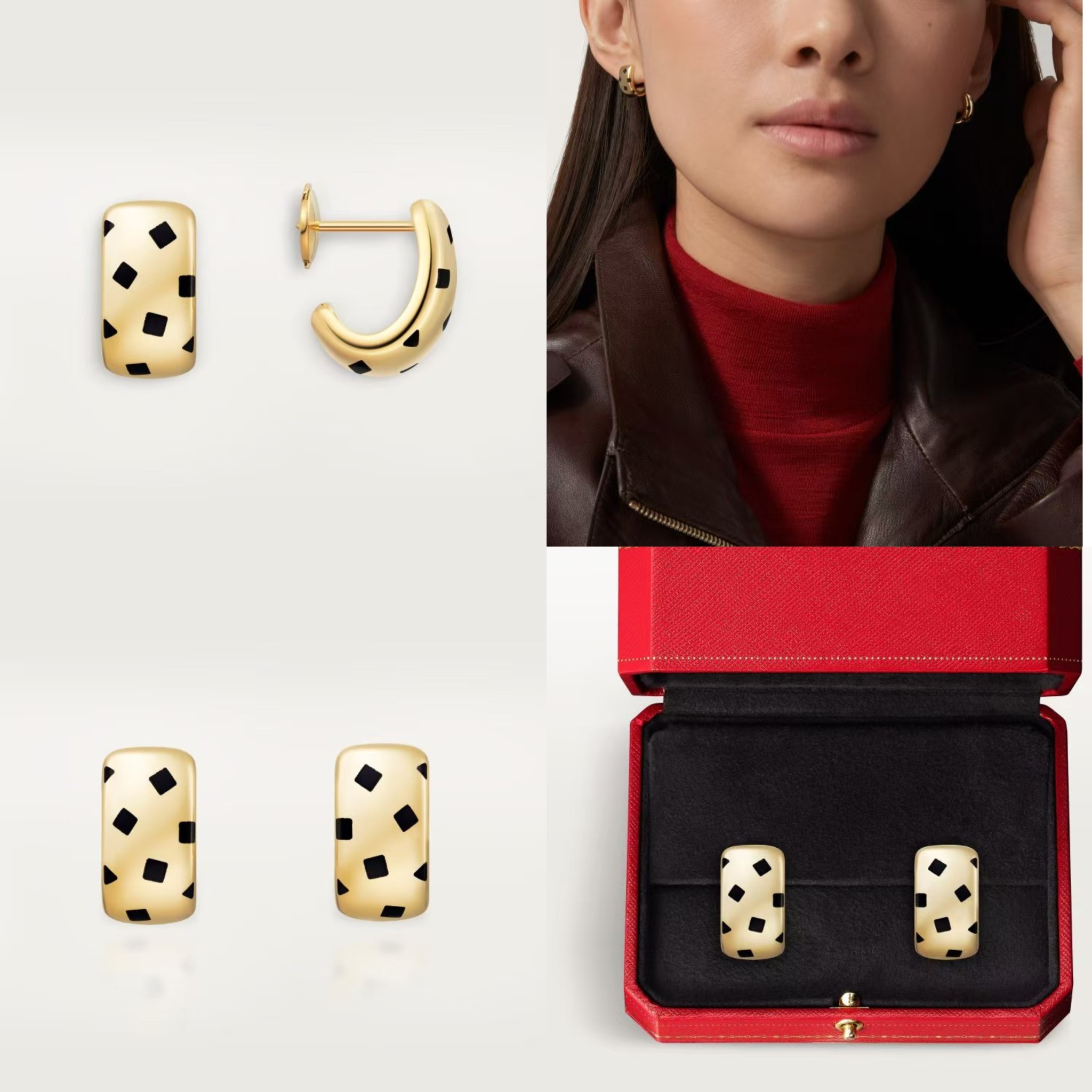 Cartier Panthere de Cartier earrings 18k yellow gold 18k white gold 18k rose gold with black lacquer spots 12mm hoop diameter