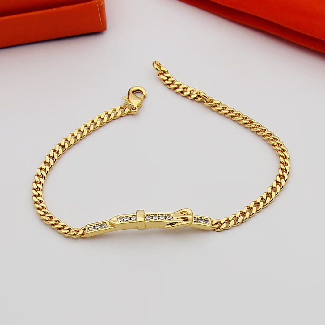 Bracciale Hermes con fibbia a catena e catena in oro giallo oro rosa argento con pietre chiare simili a diamanti 17 cm