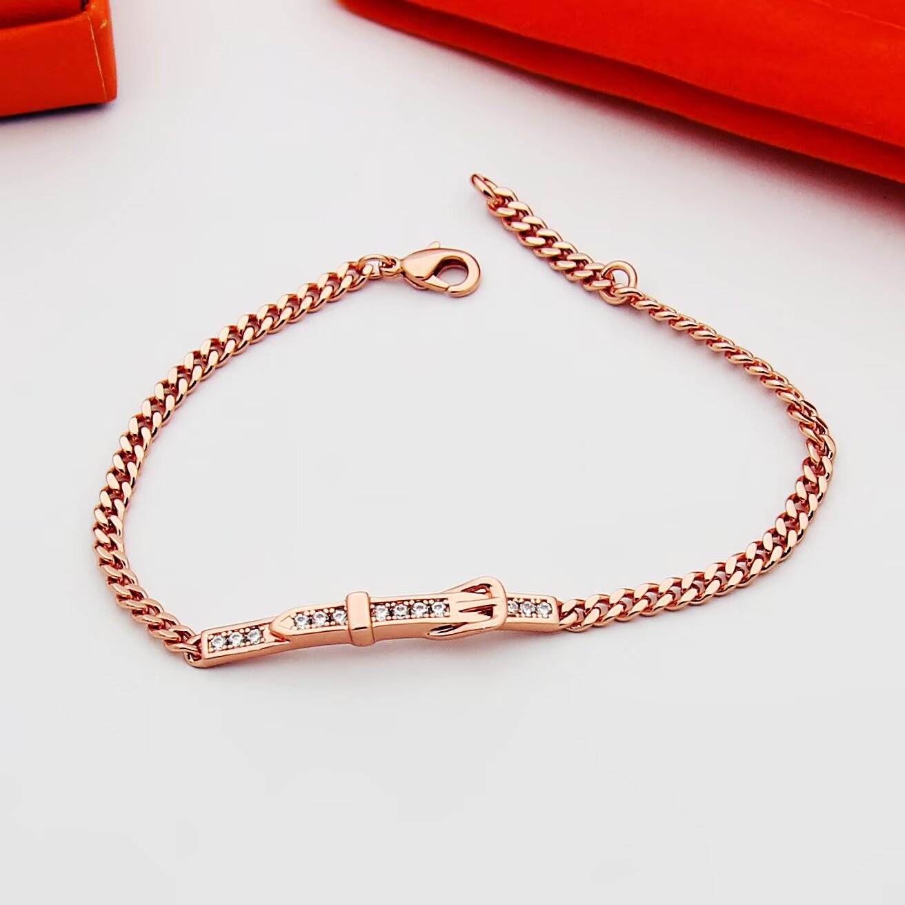 Bracciale Hermes con fibbia a catena e catena in oro giallo oro rosa argento con pietre chiare simili a diamanti 17 cm