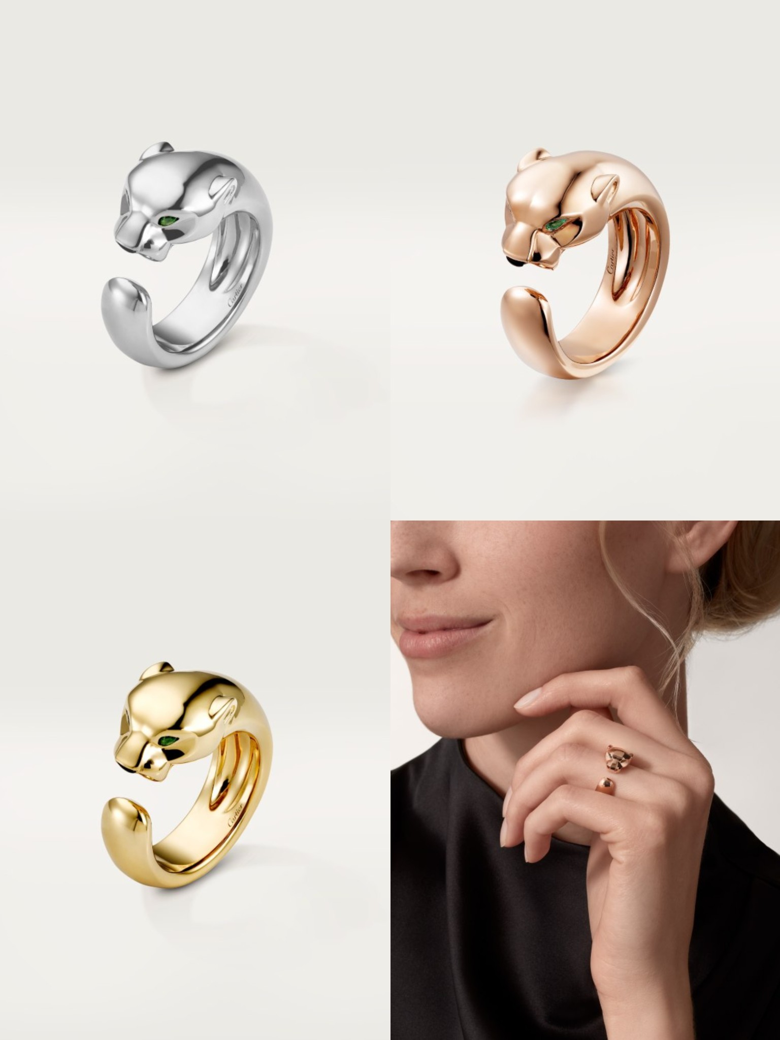 Cartier Panthere de Cartier ring 18k rose gold 18k white gold 18k yellow gold with green tsavorite garnet eyes and black onyx nose accents adjustable open band