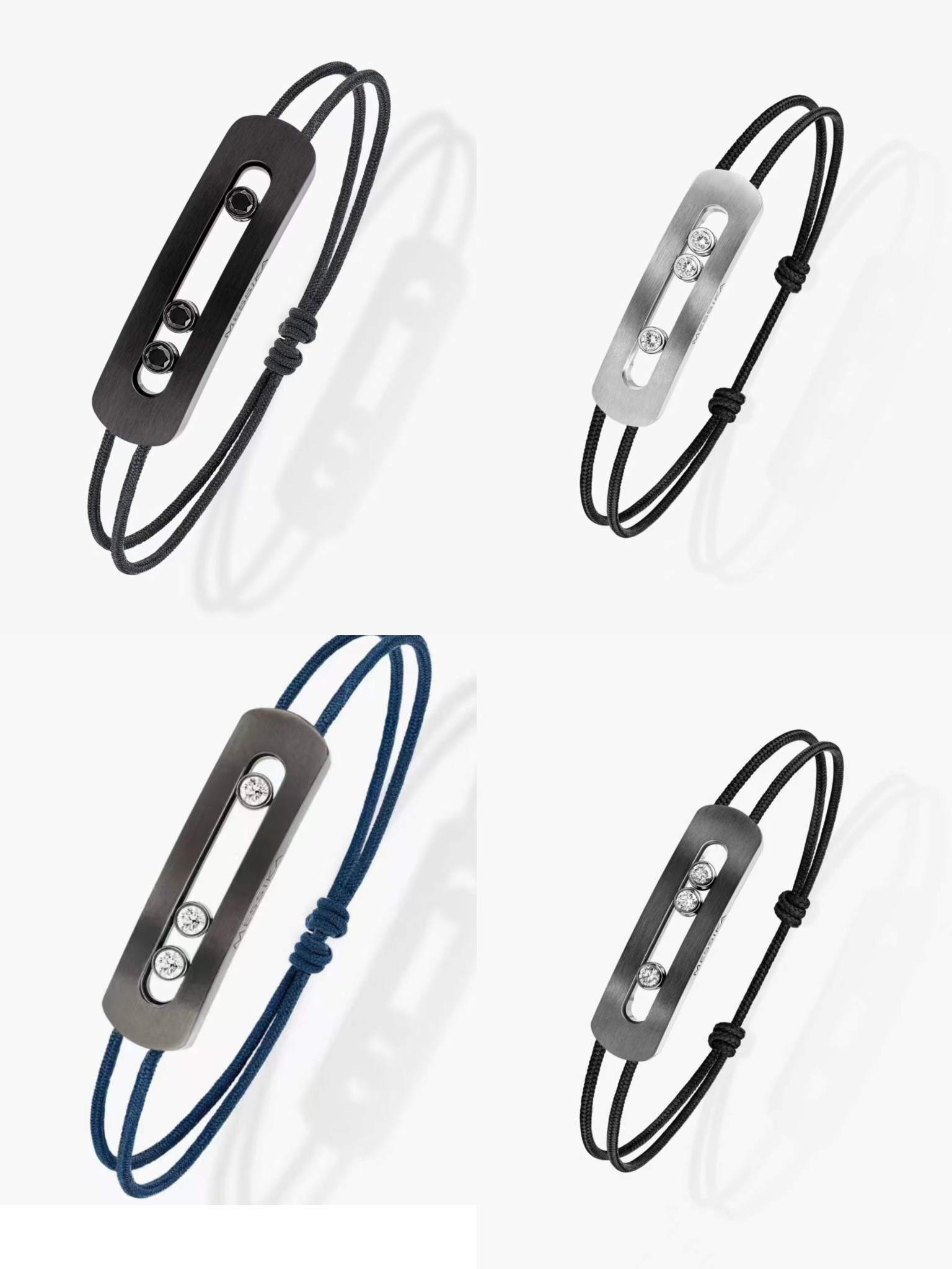 Messika Move Titanium Romain Grosjean Men s Collection bracelet brushed titanium gray metal clear white diamonds gray black navy blue cord options adjustable sliding knot