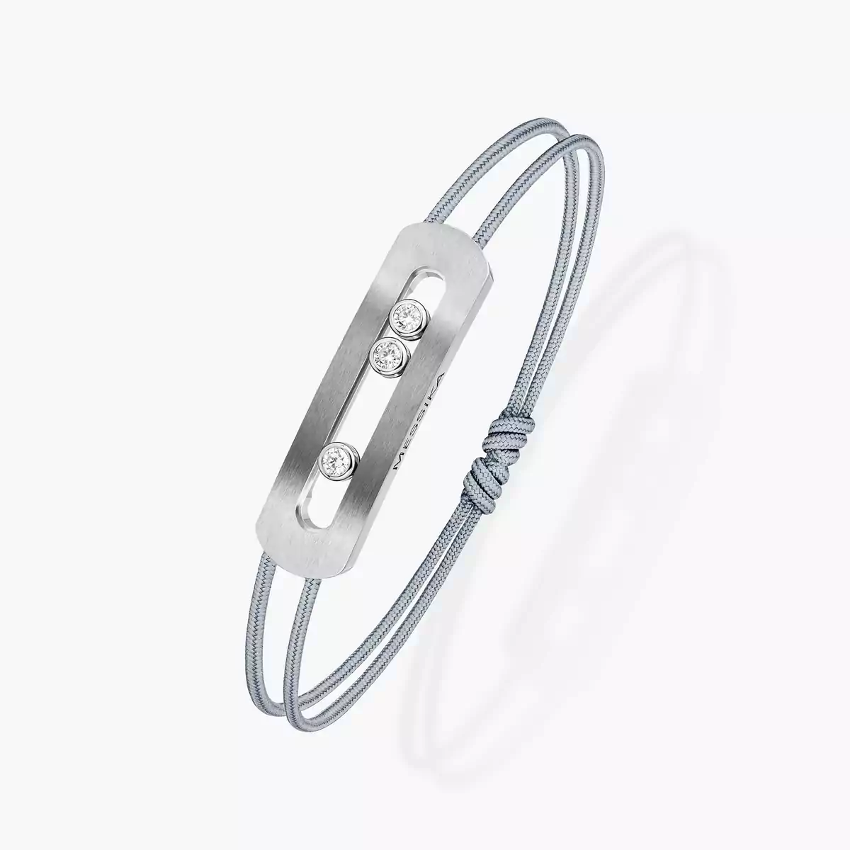 Messika Move Titanium Romain Grosjean Men s Collection bracelet brushed titanium gray metal clear white diamonds gray black navy blue cord options adjustable sliding knot