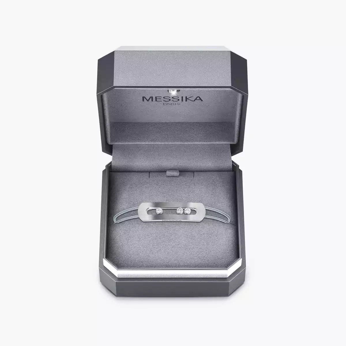 Messika Move Titanium Romain Grosjean Men s Collection bracelet brushed titanium gray metal clear white diamonds gray black navy blue cord options adjustable sliding knot