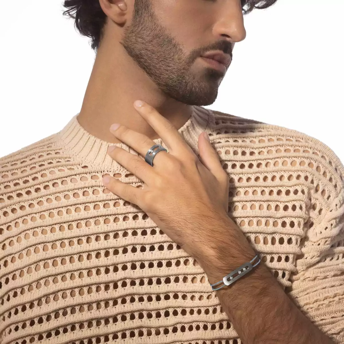 Messika Move Titanium Romain Grosjean Men s Collection bracelet brushed titanium gray metal clear white diamonds gray black navy blue cord options adjustable sliding knot
