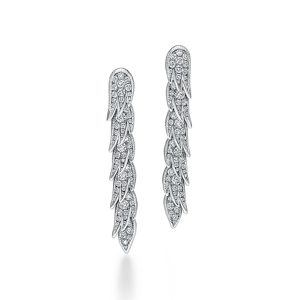 Tiffany Feather Drop Earrings earrings Sterling silver with clear diamond pave available variants in yellow gold rose gold with clear diamond pave 4cm drop length