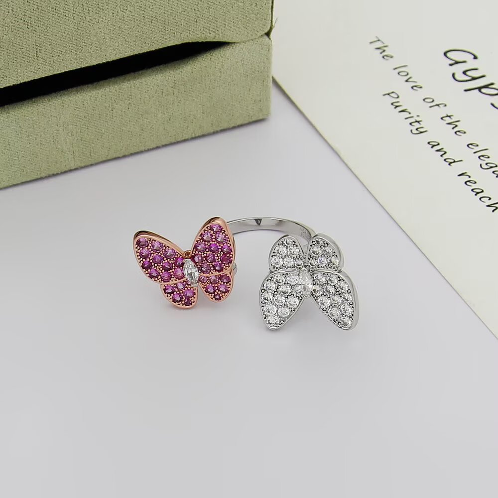 Van Cleef Arpels Two Butterfly ring 18k white gold with colorless diamonds 18k rose gold with pink sapphires 18k yellow gold with yellow sapphires US 7