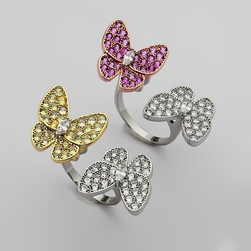 Van Cleef Arpels Two Butterfly ring 18k white gold with colorless diamonds 18k rose gold with pink sapphires 18k yellow gold with yellow sapphires US 7