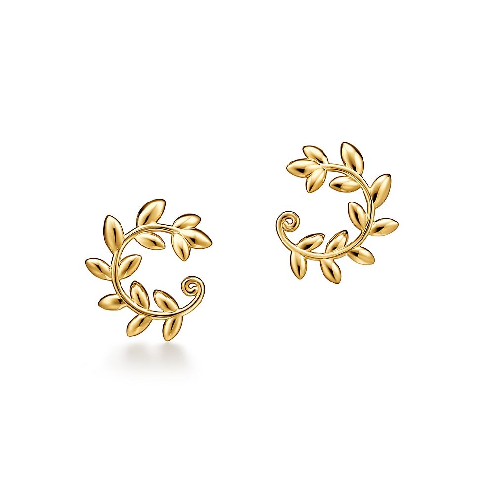 Tiffany Paloma Picasso Olive Leaf earrings gold tone metal no gemstones 20mm diameter