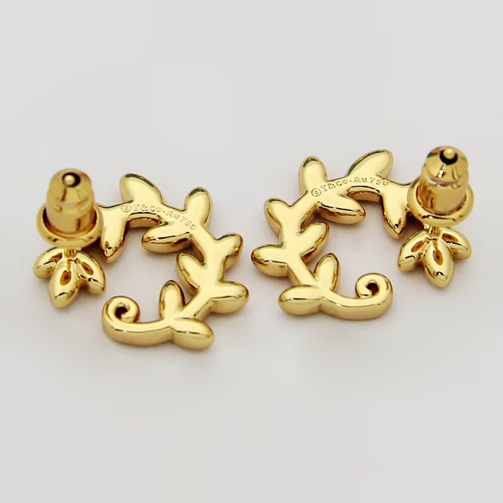 Tiffany Olive Leaf earrings 18k yellow gold no gemstones 15mm diameter
