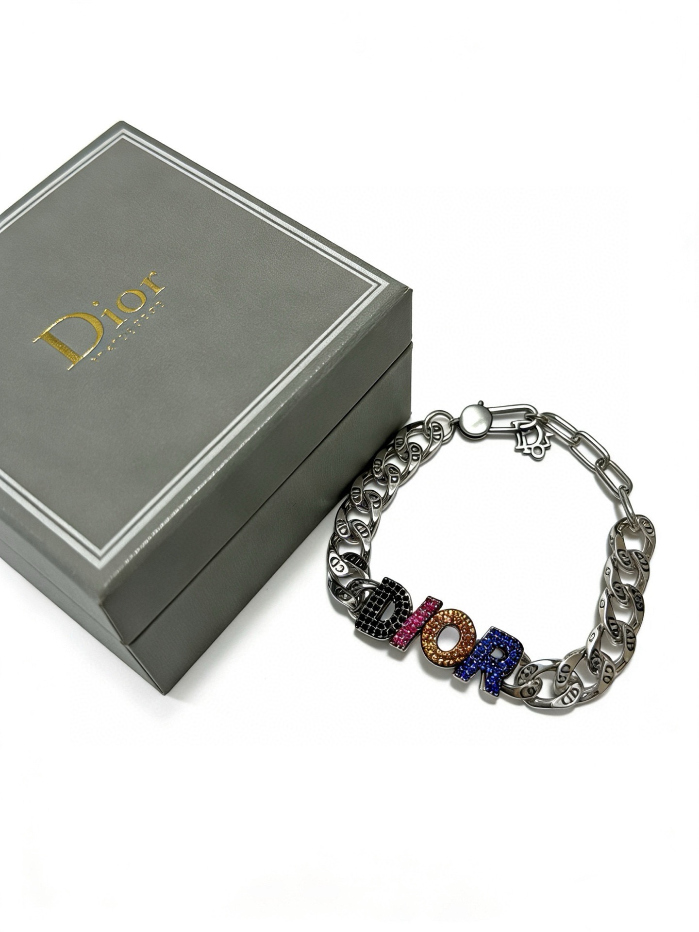 Dior DIOR Logo Chain Bracelet bracelet Silver-tone metal with black pink orange blue crystal accents 19cm