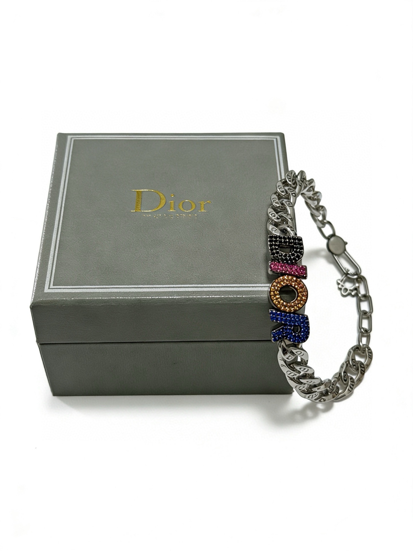 Dior DIOR Logo Chain Bracelet bracelet Silver-tone metal with black pink orange blue crystal accents 19cm