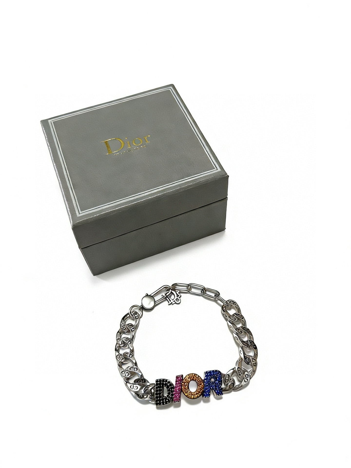 Dior DIOR Logo Chain Bracelet bracelet Silver-tone metal with black pink orange blue crystal accents 19cm
