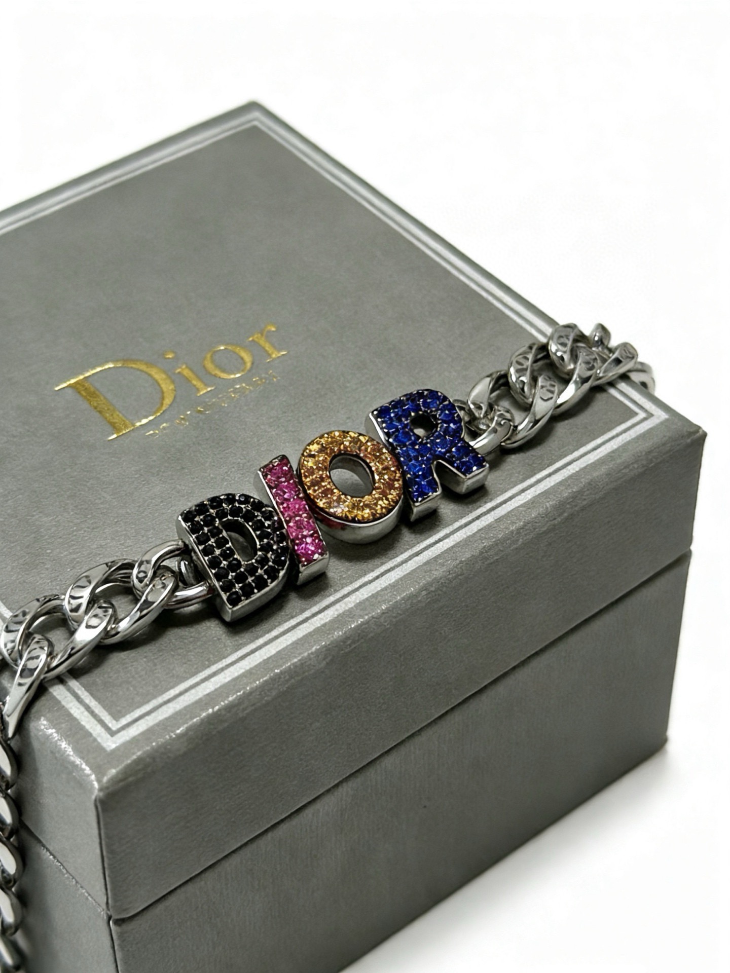 Dior DIOR Logo Chain Bracelet bracelet Silver-tone metal with black pink orange blue crystal accents 19cm