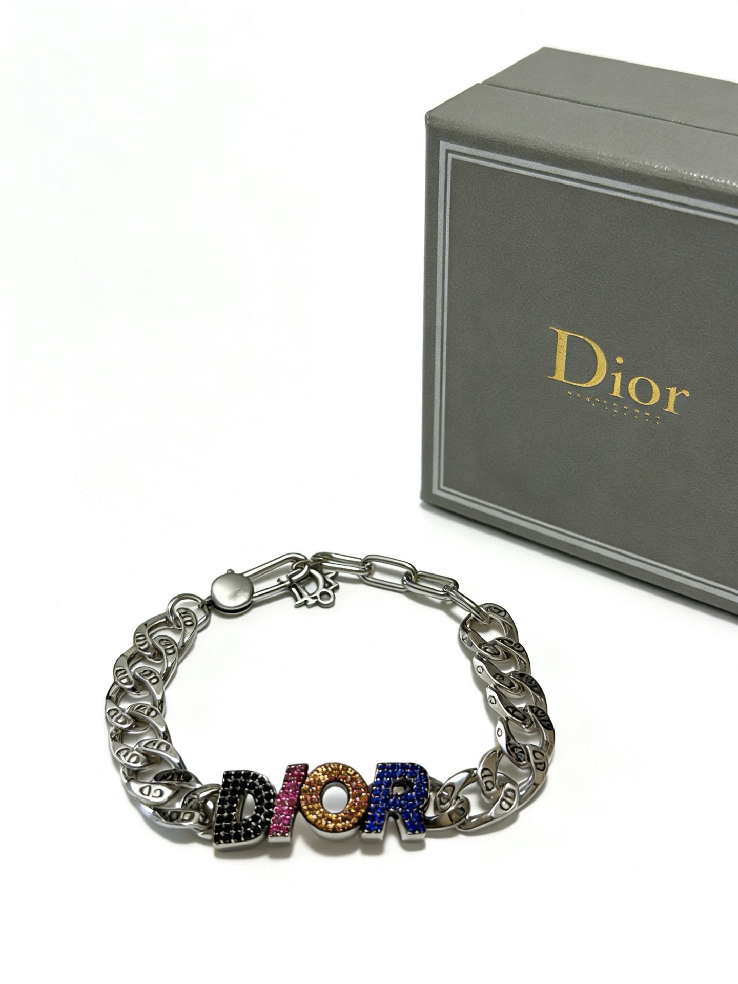 Dior DIOR Logo Chain Bracelet bracelet Silver-tone metal with black pink orange blue crystal accents 19cm