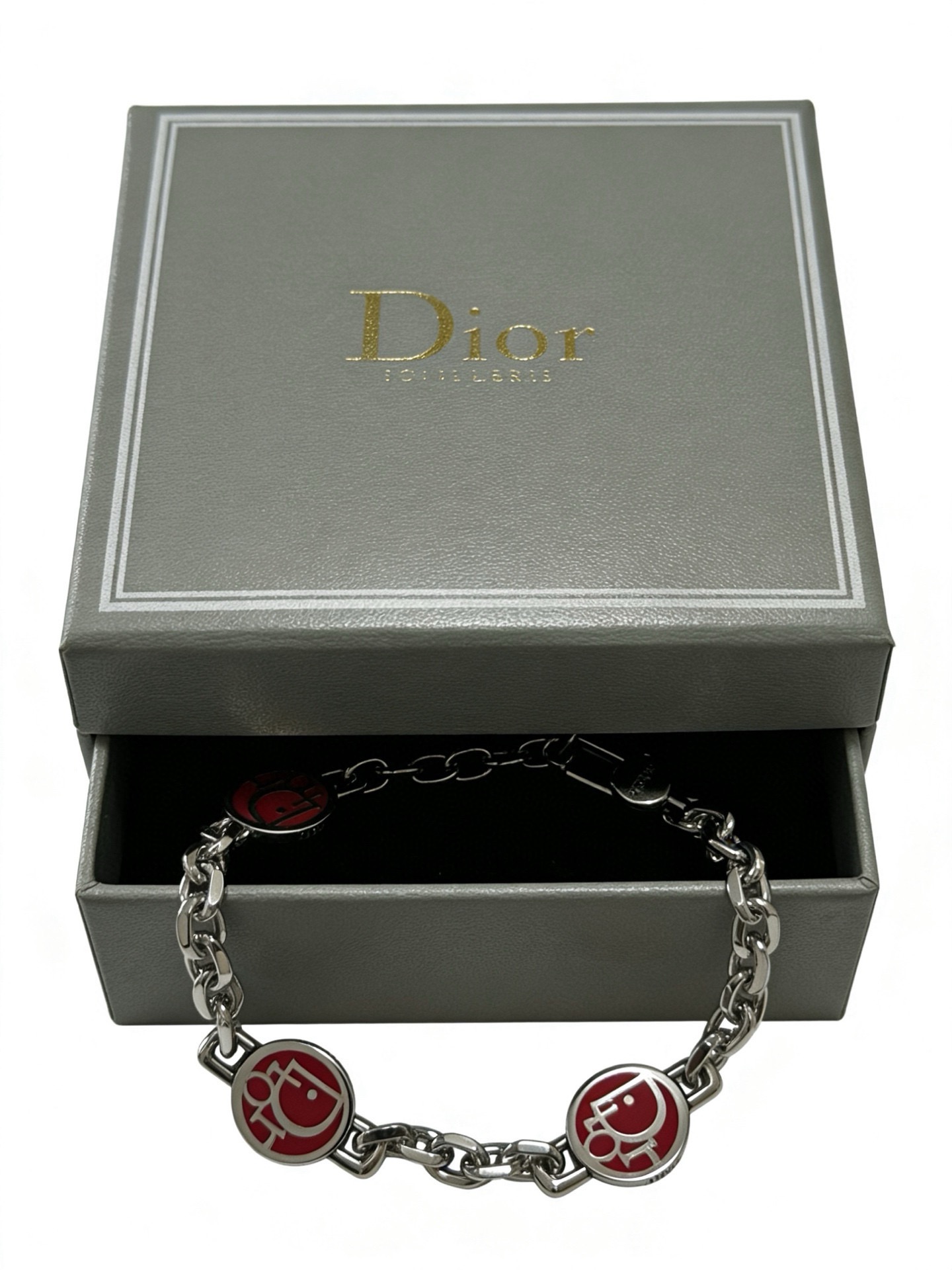 Dior D-Face Medallion Chain Bracelet bracelet silver-tone metal with red enamel accents 20cm