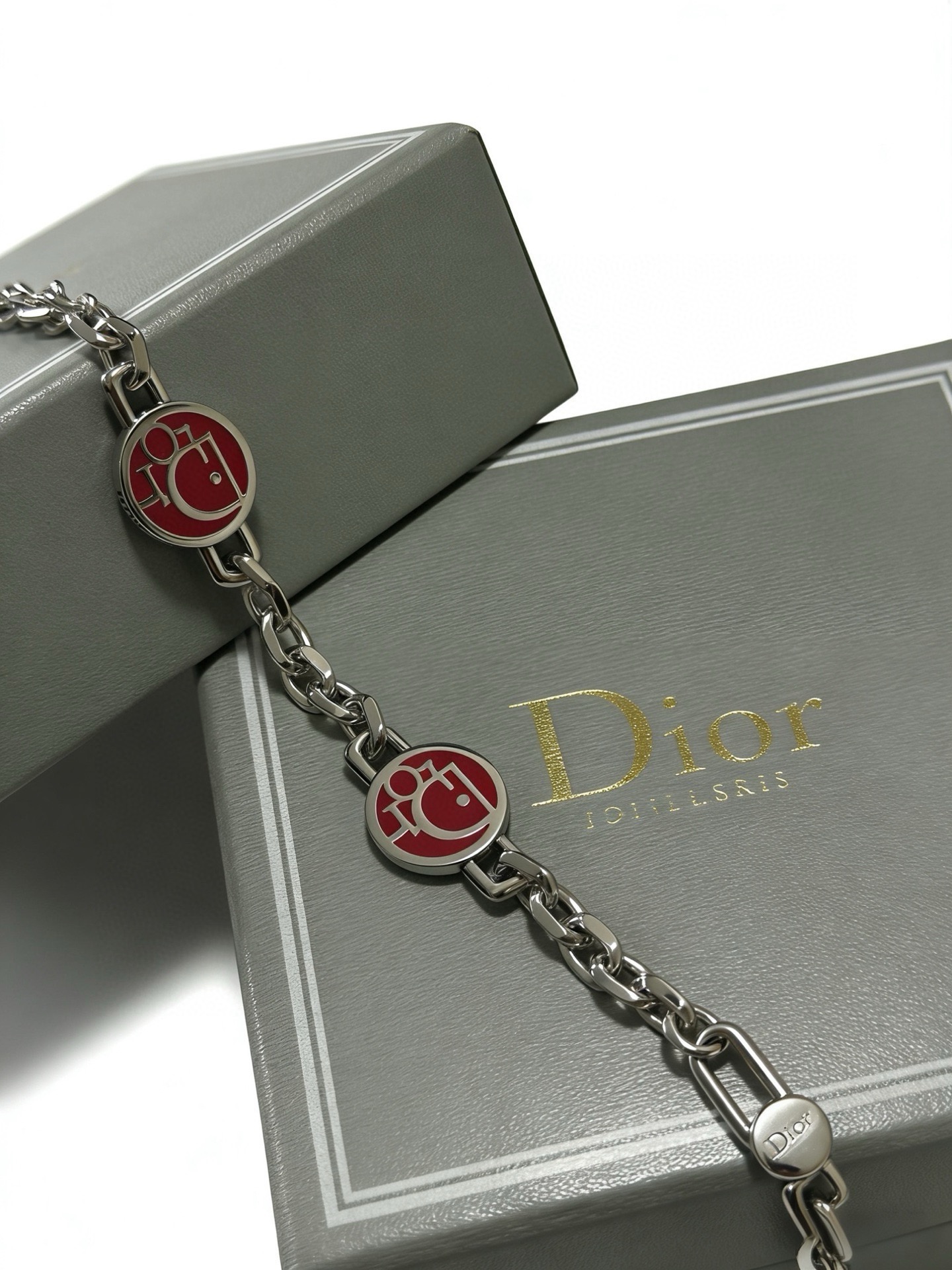 Dior D-Face Medallion Chain Bracelet bracelet silver-tone metal with red enamel accents 20cm