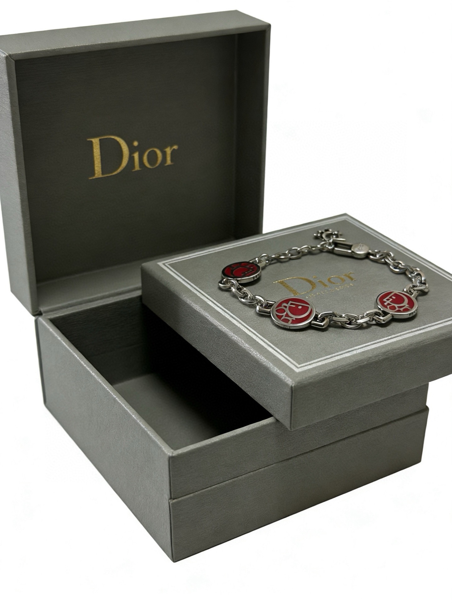 Dior D-Face Medallion Chain Bracelet bracelet silver-tone metal with red enamel accents 20cm