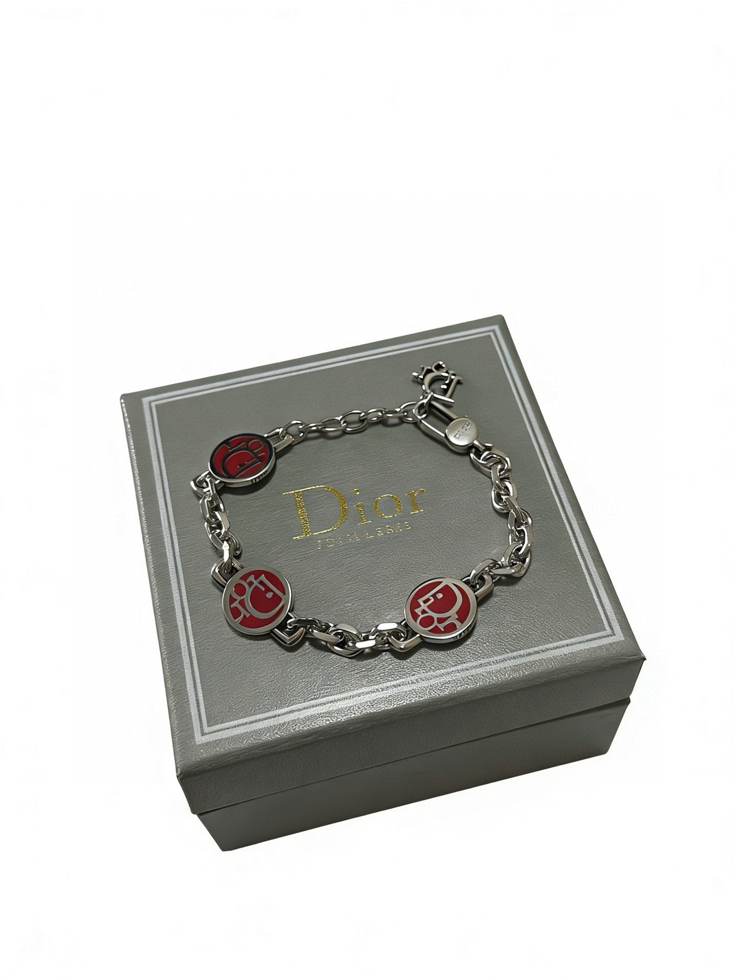 Dior D-Face Medallion Chain Bracelet bracelet silver-tone metal with red enamel accents 20cm