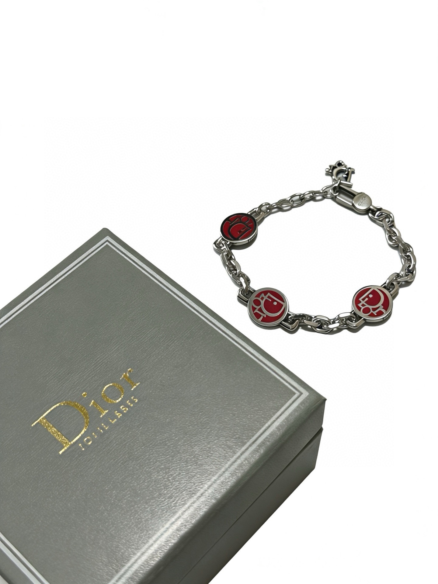 Dior D-Face Medallion Chain Bracelet bracelet silver-tone metal with red enamel accents 20cm