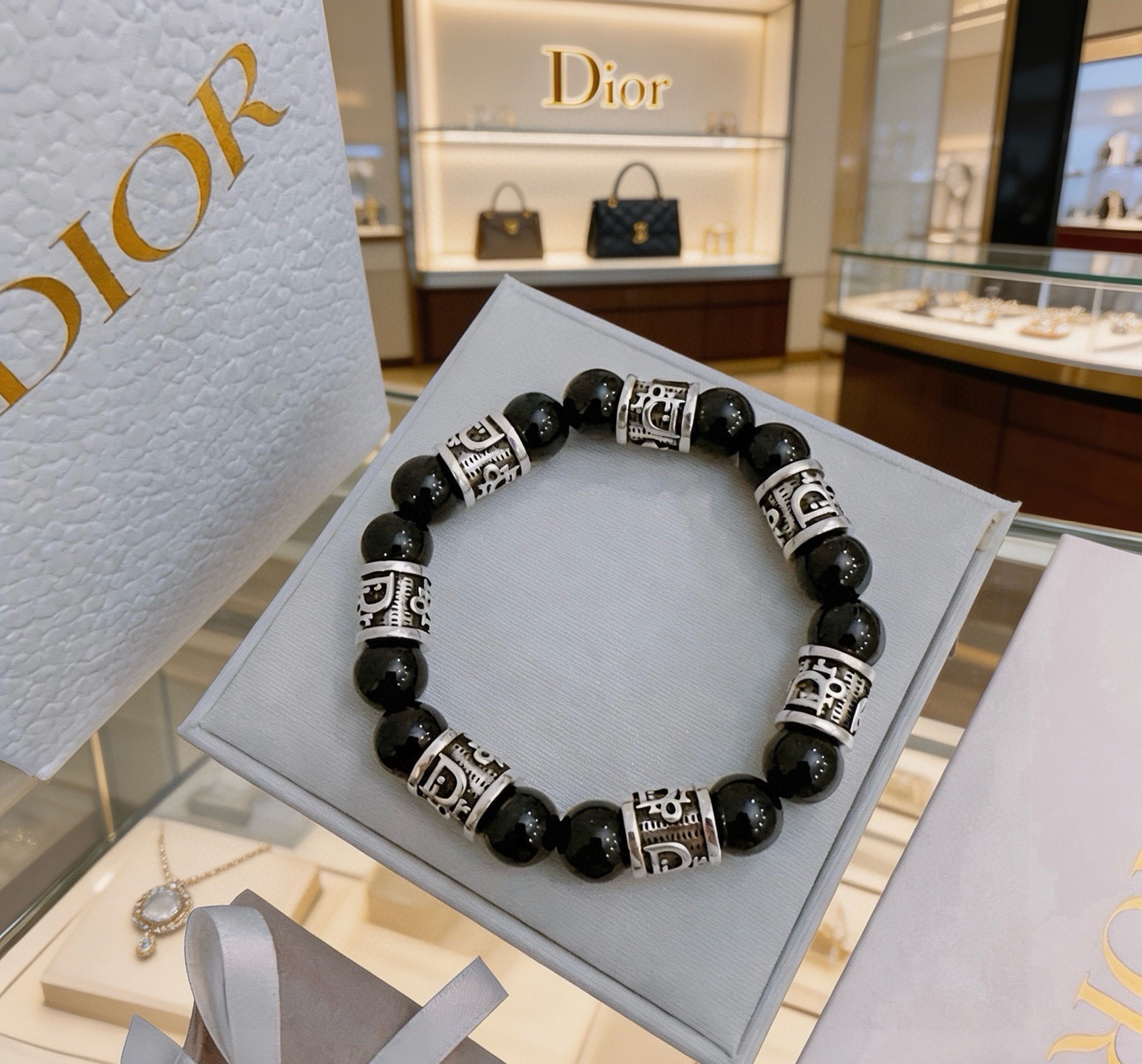 Dior Oblique Beaded Bracelet bracelet Silver-tone metal with black onyx beads 19cm