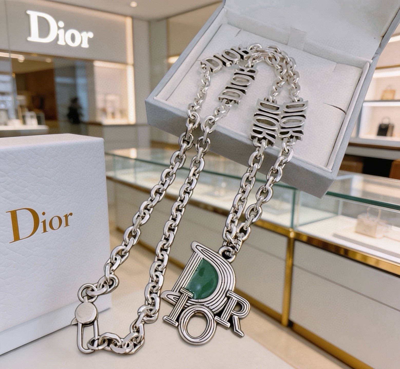 Dior DIOR Logo Charm Chain Necklace necklace Silver-toned metal with green enamel accent 60cm